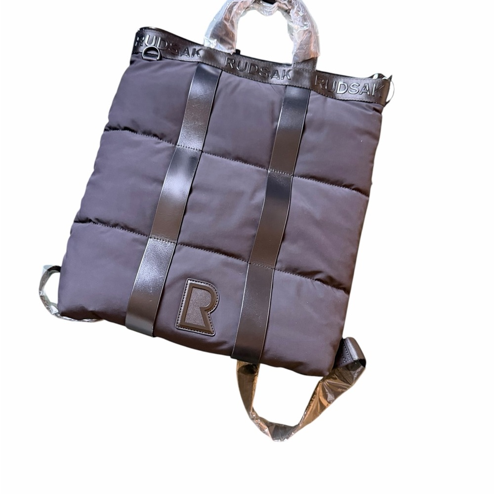 RUDSAK Black Quilted Puffer Logo Strap Backpack Minimalist Heirloom Luxury NWT - Picture 7 of 9